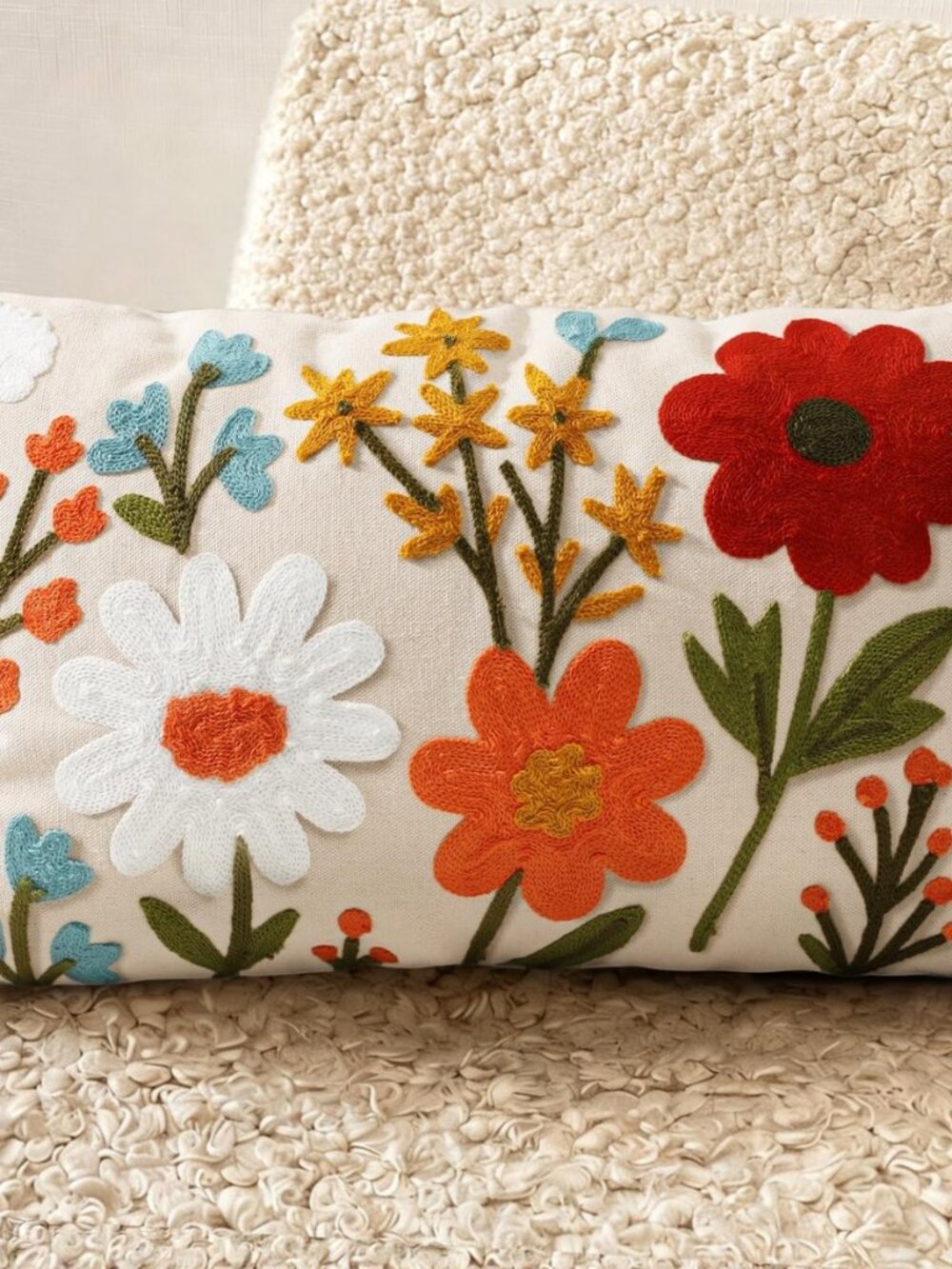 Embroidered Lumbar Pillow Cover 20x12 Inch, Flower Cluster